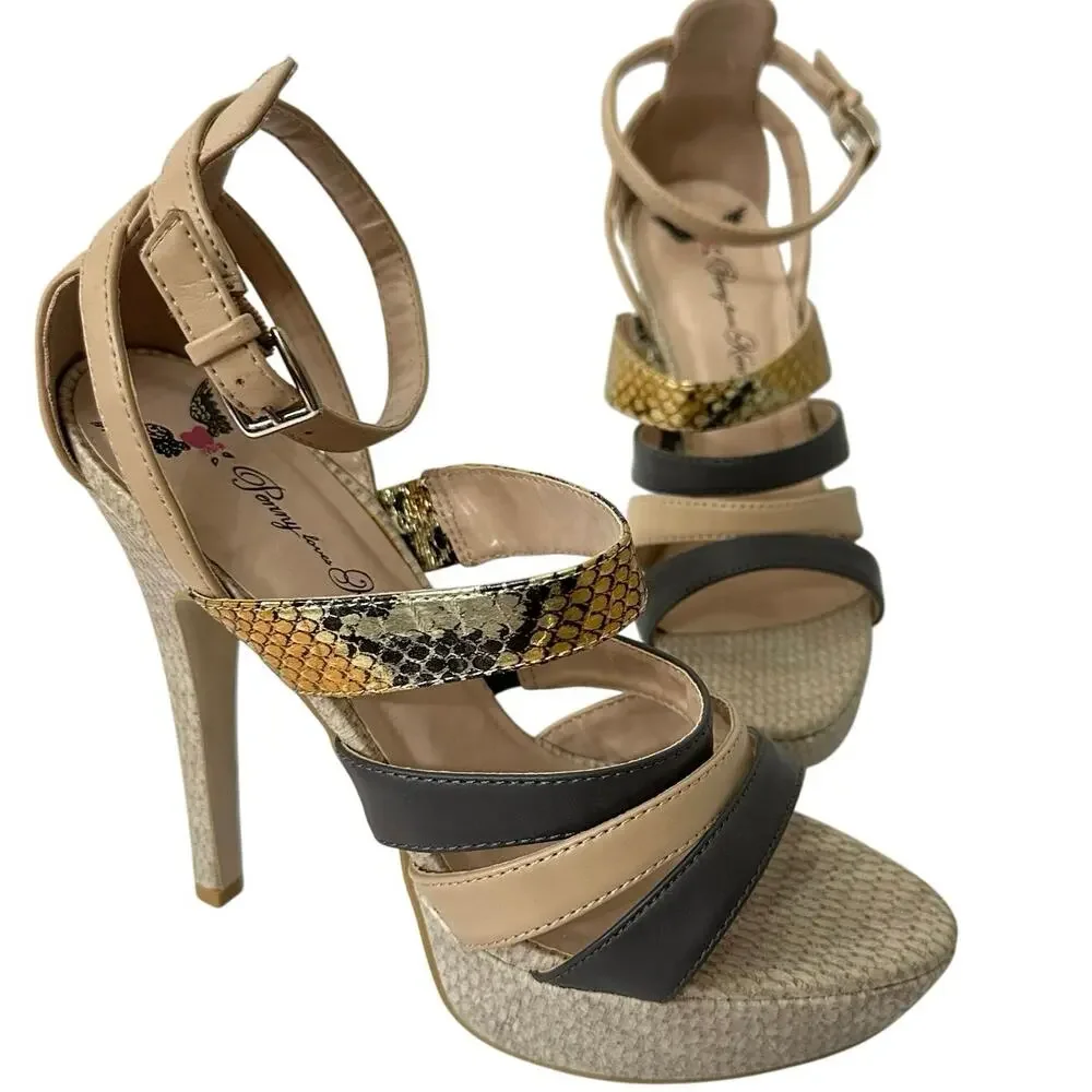 Penny Loves Kenny Womens 8.5M Stiletto heels‎ Sandals Black Tan Ankle Strappy - Picture 2 of 13